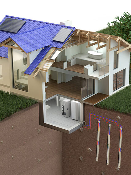 Zu sehen ist ein Haus mit einer Wärmepumpe, welches durch Erdwärmesonden die geothermische Energie nutzt und damit das Haus beheizt.